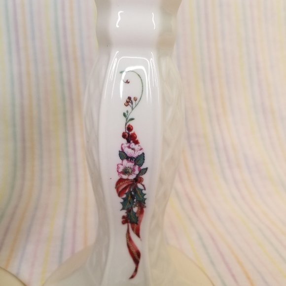 Belleek Pottery Ireland Winter Rose Candle Sticks Pair Porcelain Holly Floral - Picture 3 of 8